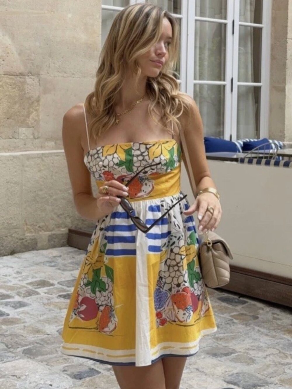 Zara Yellow Floral & Blue-White Stripe Mini Sundress 3455/341 XS S NWT